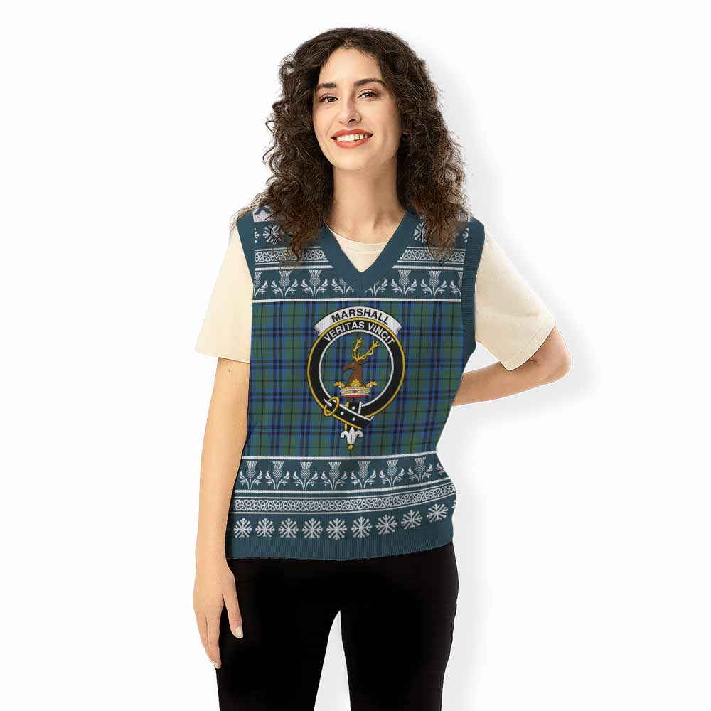Marshall Clan Tartan Christmas Knitted V-Neck Vest with Family Crest - Tartan Vibes Clothing