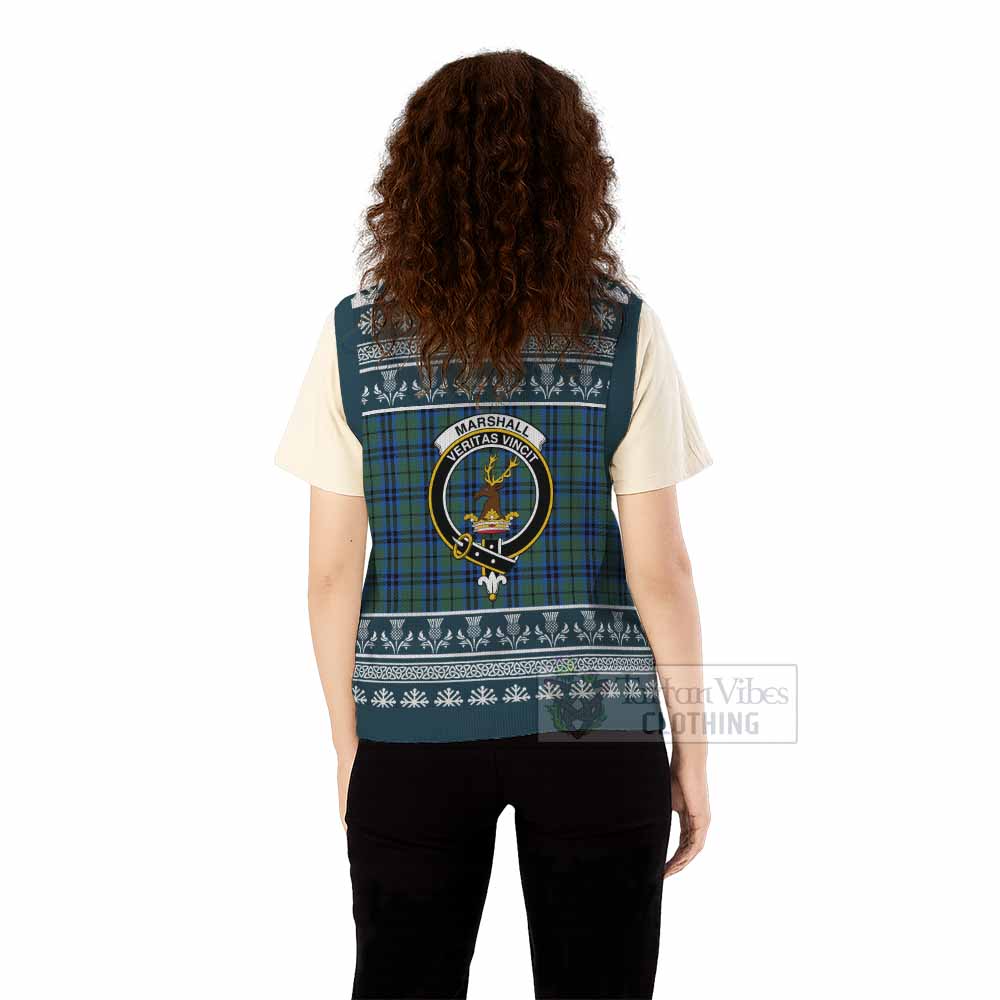 Marshall Clan Tartan Christmas Knitted V-Neck Vest with Family Crest - Tartan Vibes Clothing