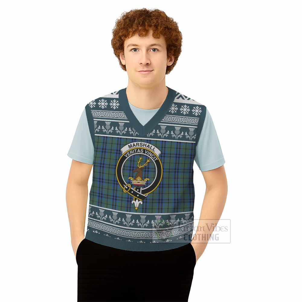 Marshall Clan Tartan Christmas Knitted V-Neck Vest with Family Crest - Tartan Vibes Clothing