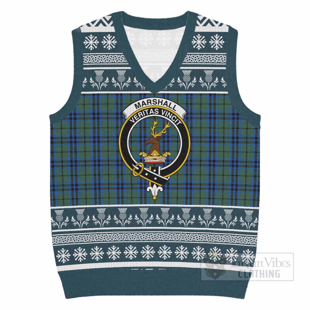 Marshall Clan Tartan Christmas Knitted V-Neck Vest with Family Crest - Tartan Vibes Clothing
