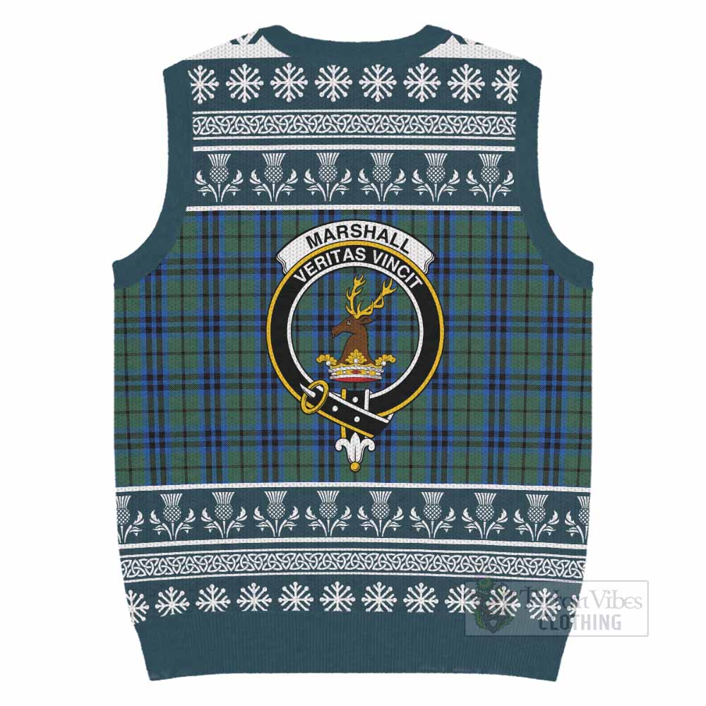 Marshall Clan Tartan Christmas Knitted V-Neck Vest with Family Crest - Tartan Vibes Clothing