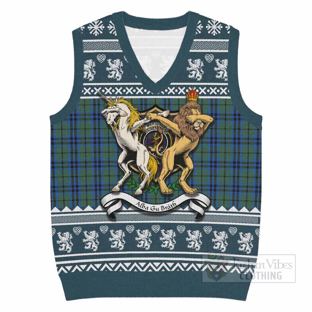 Marshall Clan Tartan Crest Christmas Knitted V-Neck Vest Coat of Arms Funny Style - Tartan Vibes Clothing