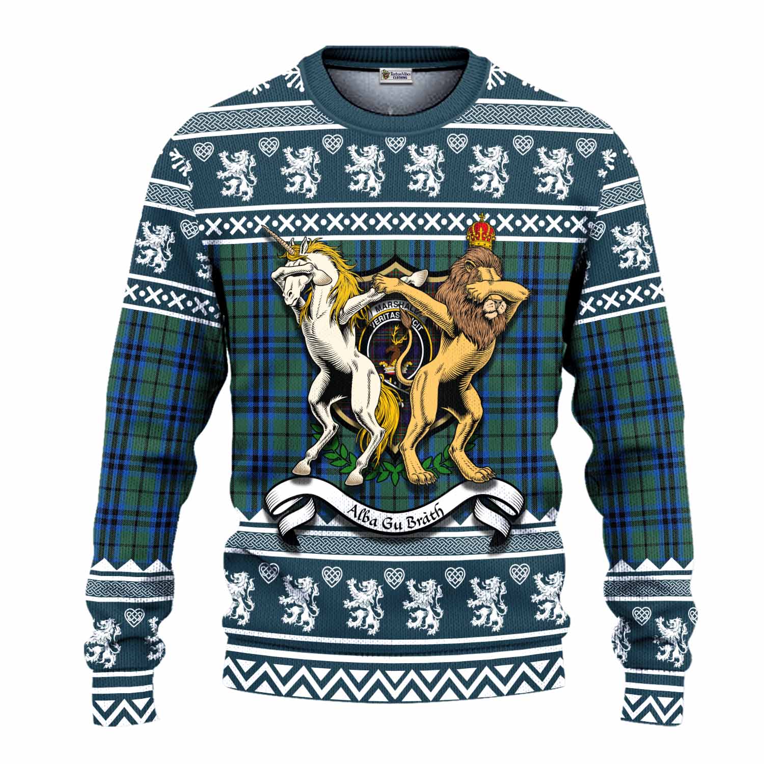 Marshall Clan Tartan Crest Christmas Ugly Sweater Coat of Arms Funny Style - Tartan Vibes Clothing