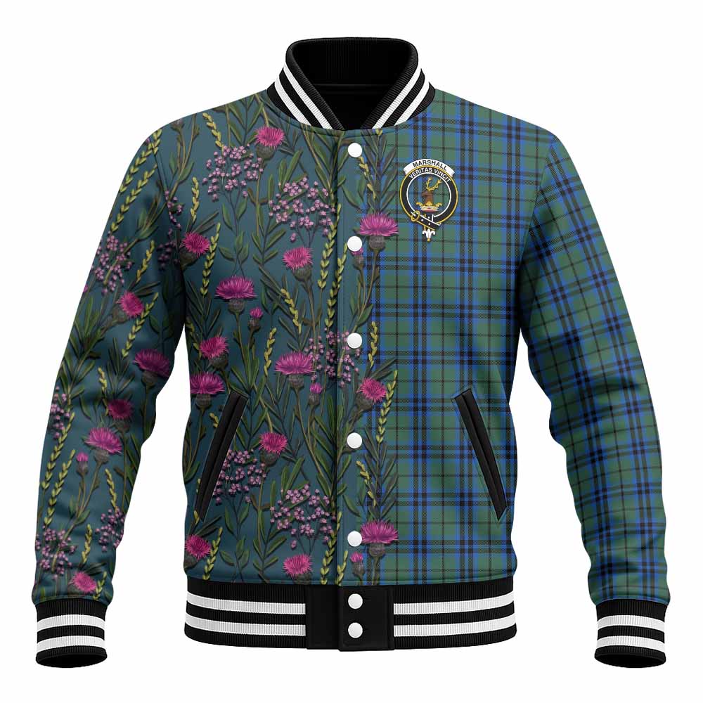 Marshall Family Crest Tartan Baseball Jacket Scottish Thistle Flower Pattern Half Style - Tartan Vibes Clothing