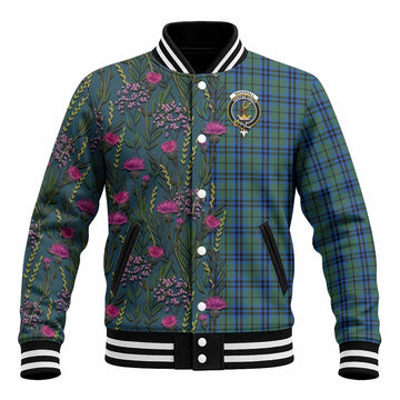 Marshall Family Crest Tartan Baseball Jacket Scottish Thistle Flower Pattern Half Style