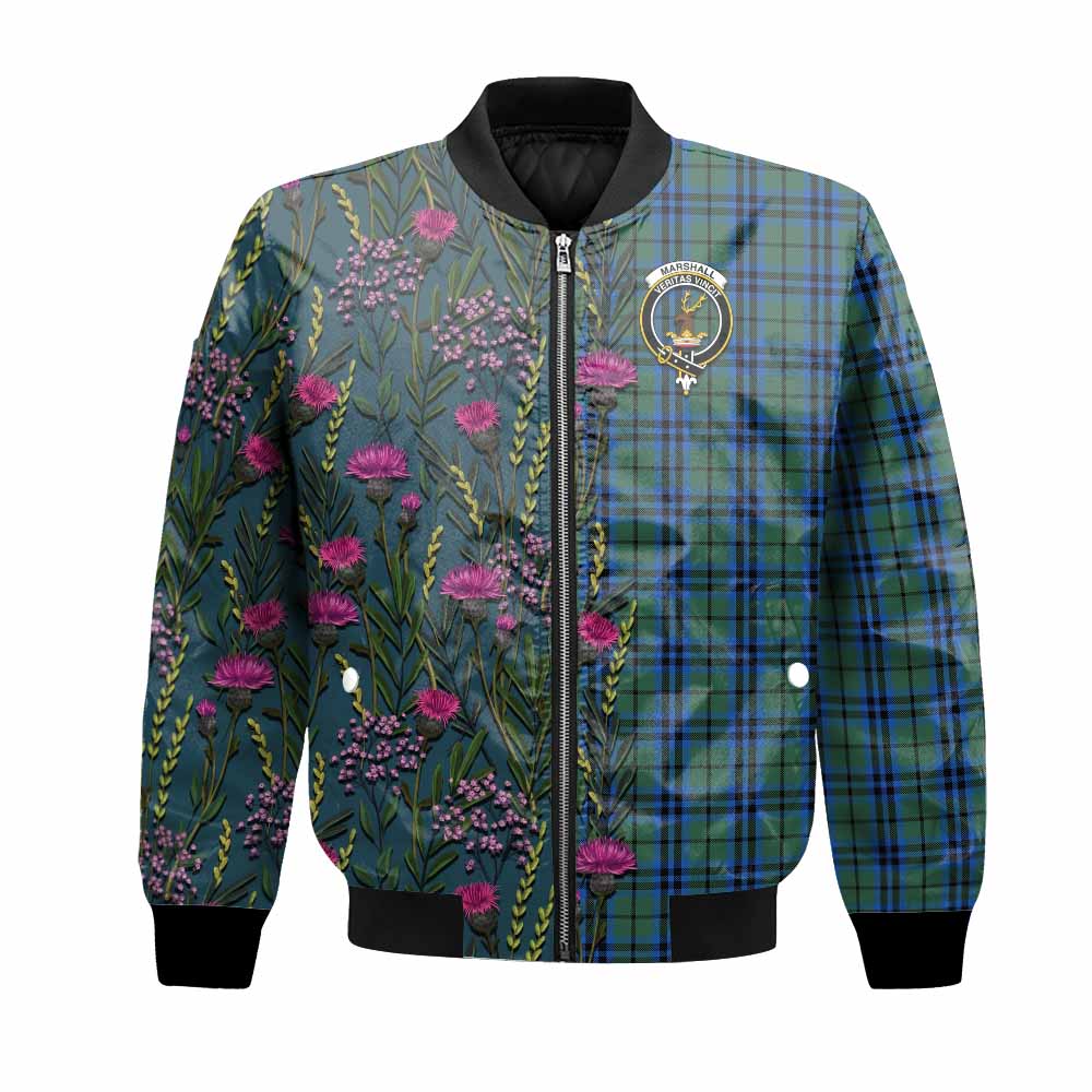Marshall Family Crest Tartan Bomber Jacket Scottish Thistle Flower Pattern Half Style - Tartan Vibes Clothing