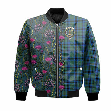 Marshall Family Crest Tartan Bomber Jacket Scottish Thistle Flower Pattern Half Style