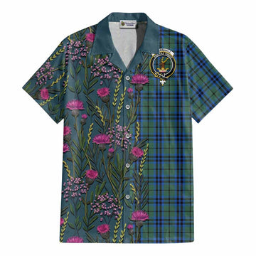 Marshall Family Crest Tartan Cotton Hawaiian Shirt Scottish Thistle Flower Pattern Half Style - Tartan Vibes Clothing
