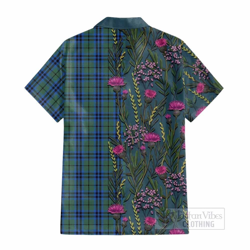 Marshall Family Crest Tartan Cotton Hawaiian Shirt Scottish Thistle Flower Pattern Half Style - Tartan Vibes Clothing