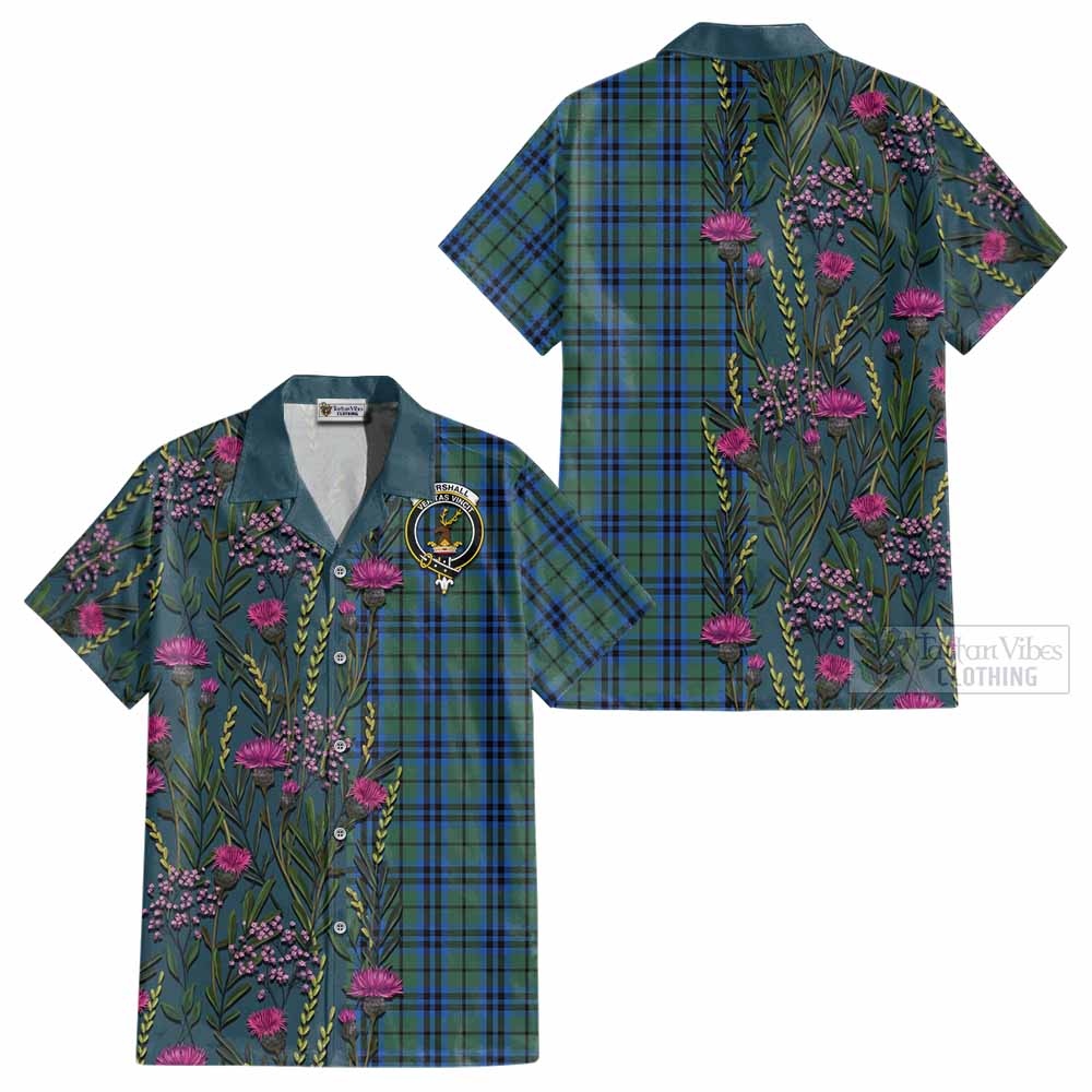 Marshall Family Crest Tartan Cotton Hawaiian Shirt Scottish Thistle Flower Pattern Half Style - Tartan Vibes Clothing