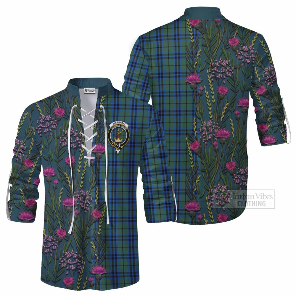 Marshall Family Crest Tartan Ghillie Shirt Scottish Thistle Flower Pattern Half Style - Tartan Vibes Clothing