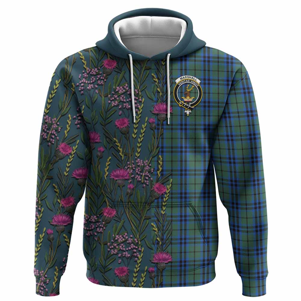 Marshall Family Crest Tartan Hoodie Scottish Thistle Flower Pattern Half Style - Tartan Vibes Clothing