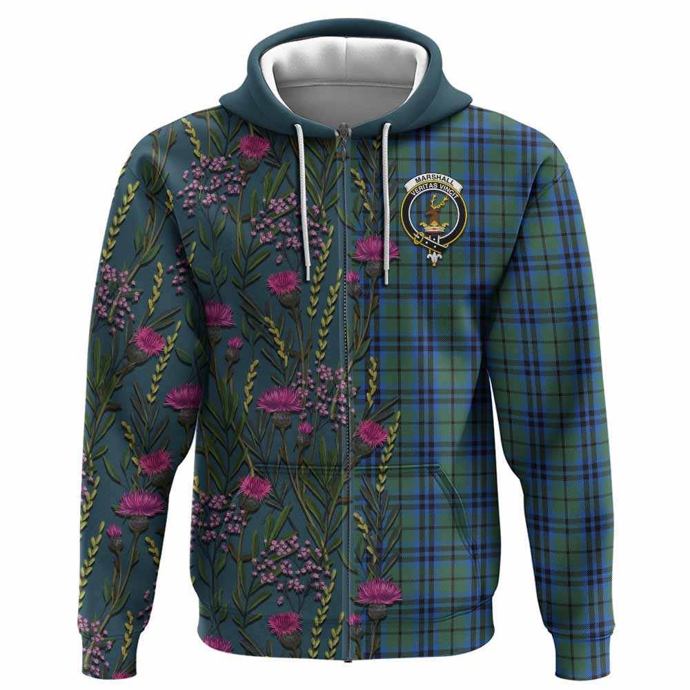 Marshall Family Crest Tartan Hoodie Scottish Thistle Flower Pattern Half Style - Tartan Vibes Clothing