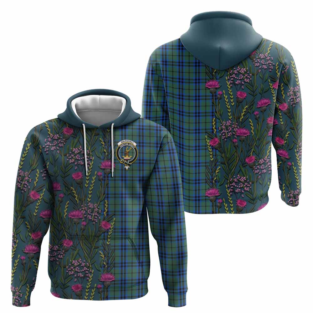 Marshall Family Crest Tartan Hoodie Scottish Thistle Flower Pattern Half Style - Tartan Vibes Clothing