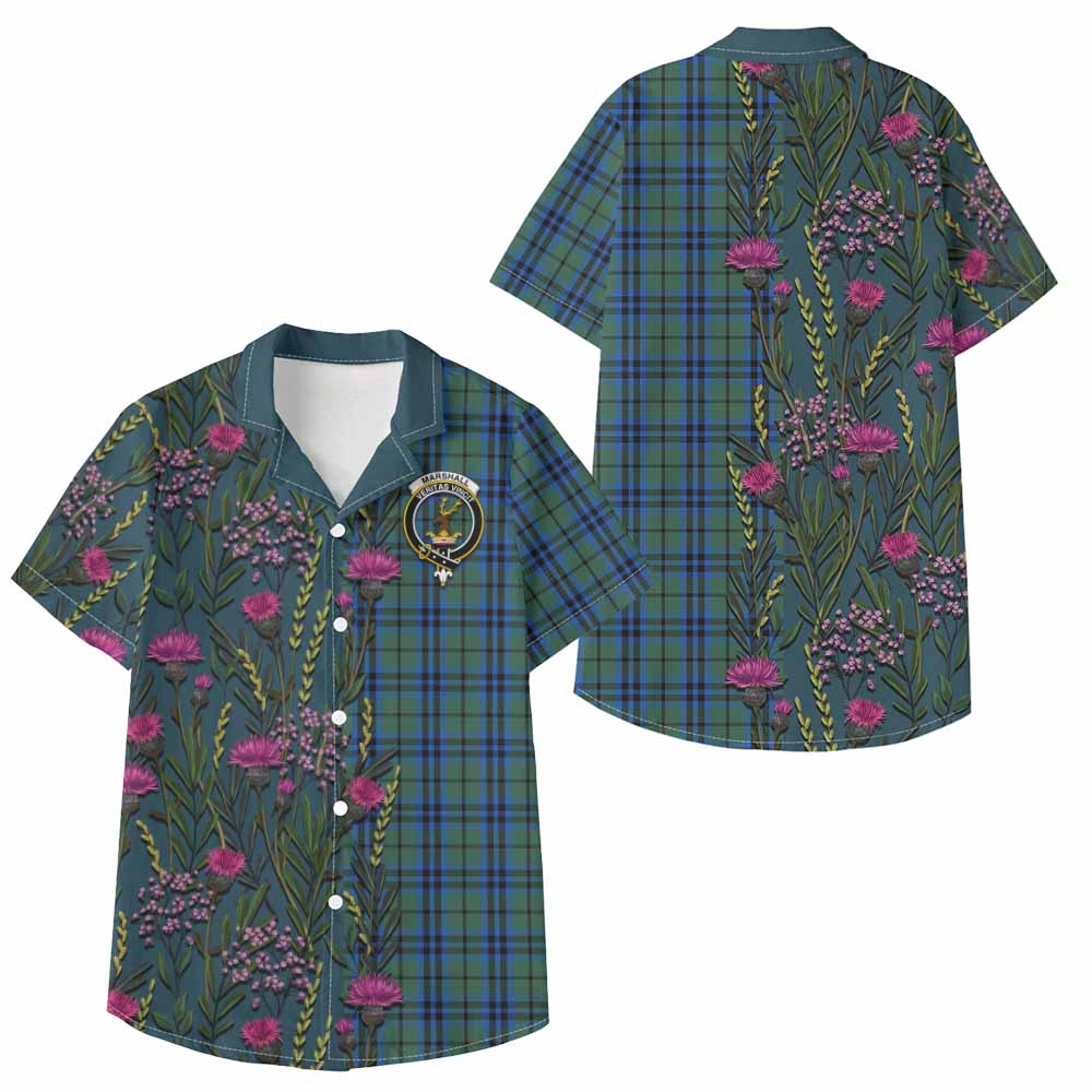Marshall Family Crest Tartan Kid Hawaiian Shirt Scottish Thistle Flower Pattern Half Style - Tartan Vibes Clothing