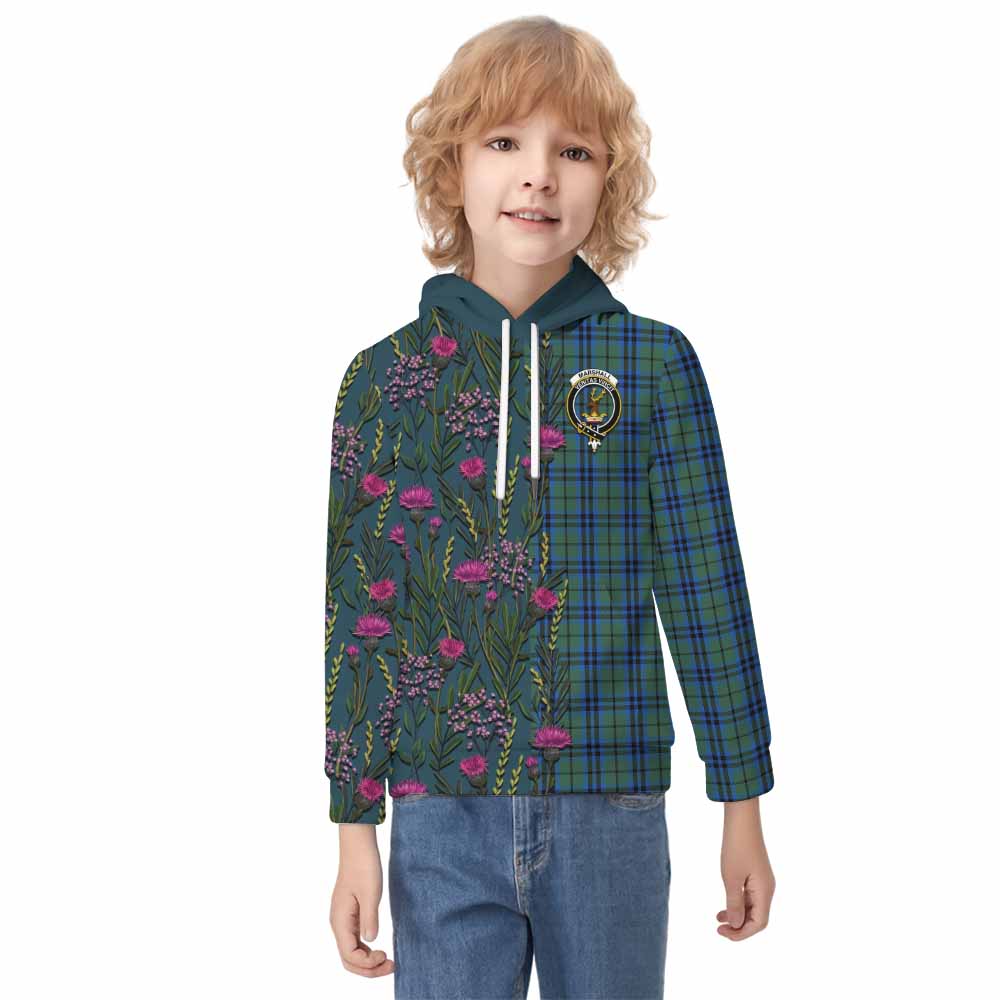 Marshall Family Crest Tartan Kid Hoodie Scottish Thistle Flower Pattern Half Style - Tartan Vibes Clothing