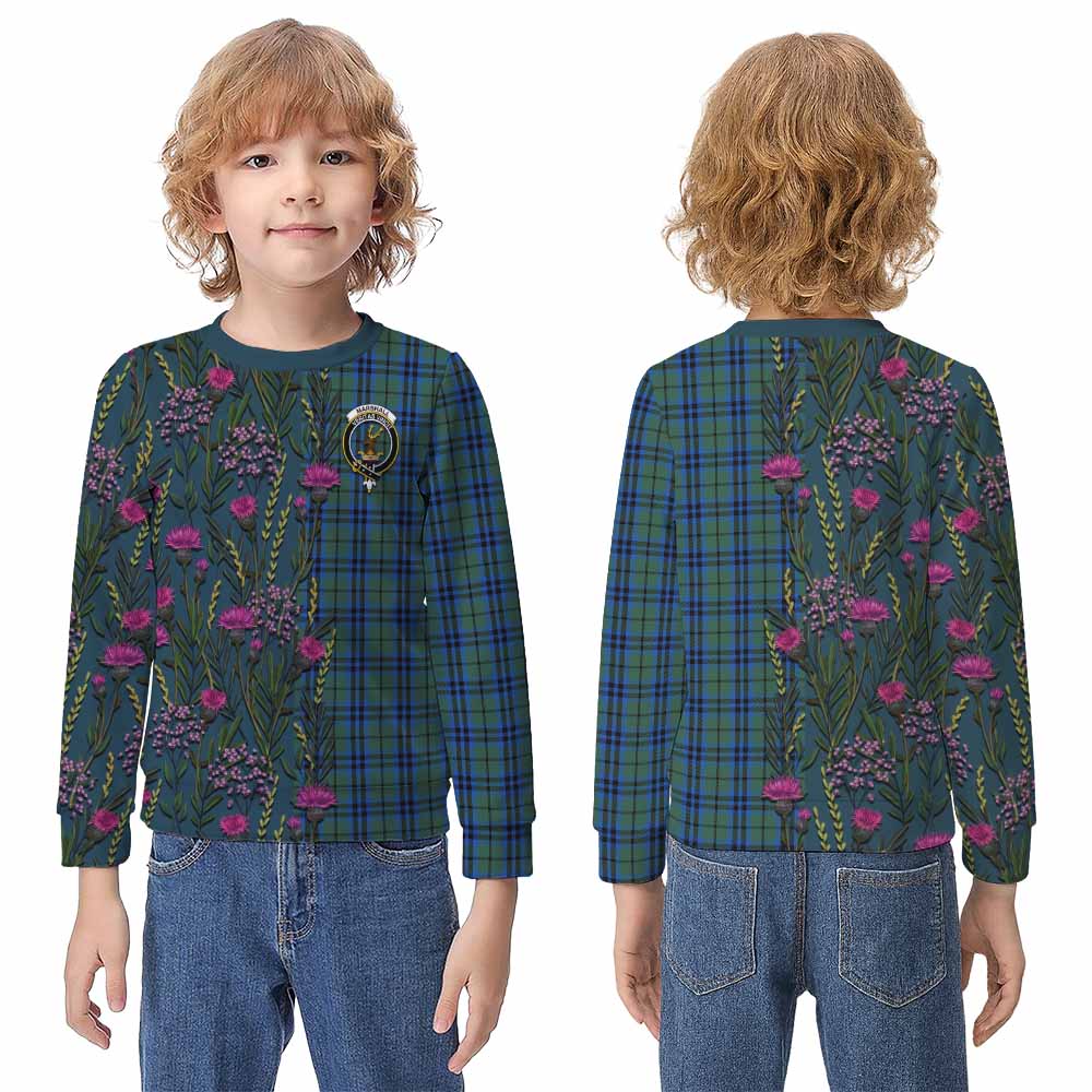 Marshall Family Crest Tartan Kid Knitted Sweatshirt Scottish Thistle Flower Pattern Half Style - Tartan Vibes Clothing