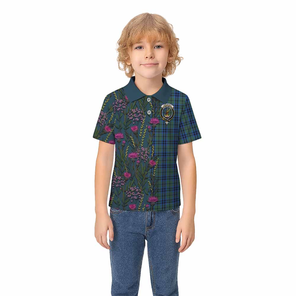 Marshall Family Crest Tartan Kid Polo Shirt Scottish Thistle Flower Pattern Half Style - Tartan Vibes Clothing