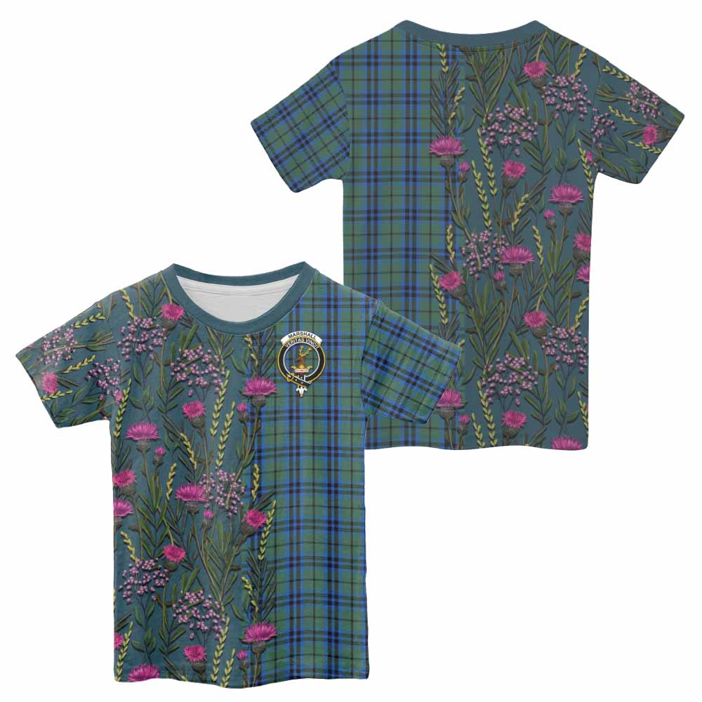 Marshall Family Crest Tartan Kid T-shirt Scottish Thistle Flower Pattern Half Style - Tartan Vibes Clothing