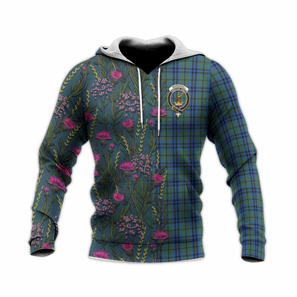 Marshall Family Crest Tartan Knitted Hoodie Scottish Thistle Flower Pattern Half Style - Tartan Vibes Clothing