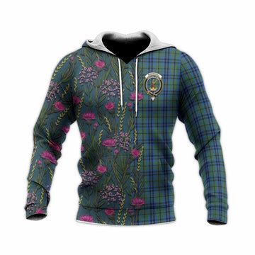 Marshall Family Crest Tartan Knitted Hoodie Scottish Thistle Flower Pattern Half Style