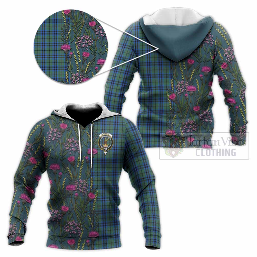 Marshall Family Crest Tartan Knitted Hoodie Scottish Thistle Flower Pattern Half Style - Tartan Vibes Clothing