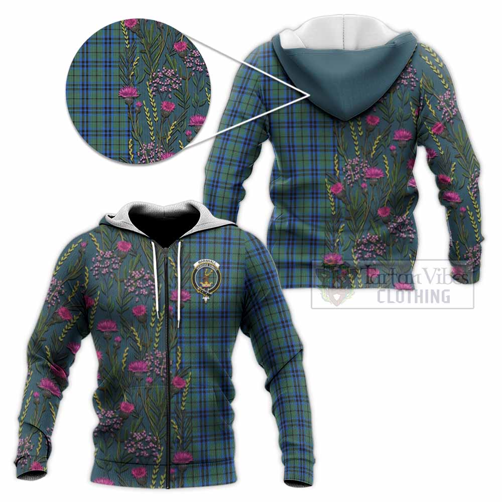 Marshall Family Crest Tartan Knitted Hoodie Scottish Thistle Flower Pattern Half Style - Tartan Vibes Clothing