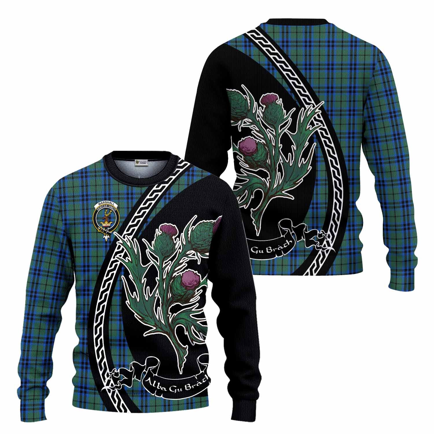 Marshall Family Crest Tartan Knitted Sweater Alba Thistle Inspired - Tartan Vibes Clothing