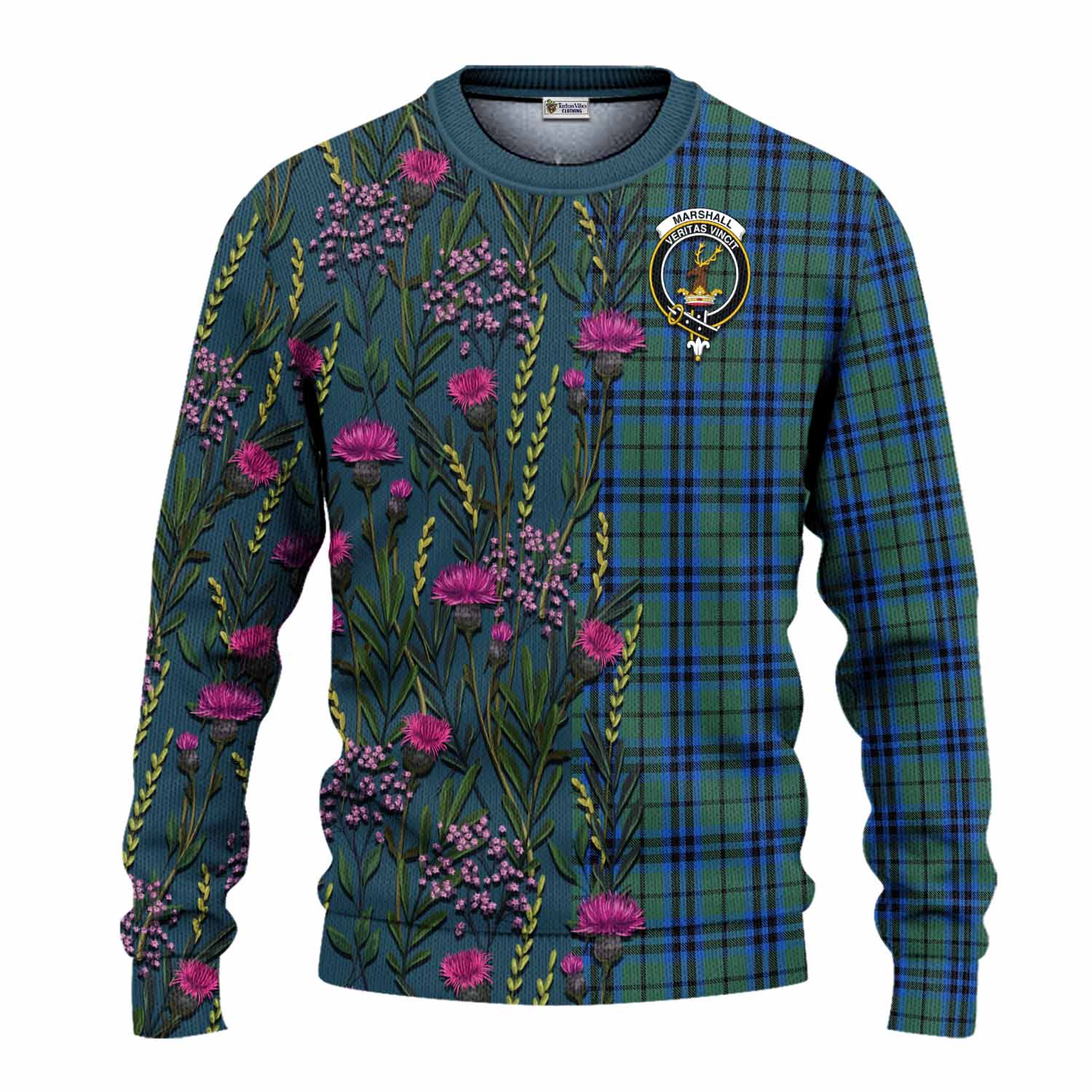Marshall Family Crest Tartan Knitted Sweater Scottish Thistle Flower Pattern Half Style - Tartan Vibes Clothing