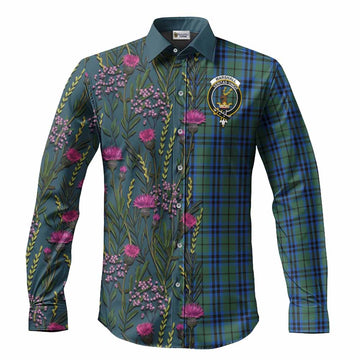 Marshall Family Crest Tartan Long Sleeve Button Shirts Scottish Thistle Flower Pattern Half Style
