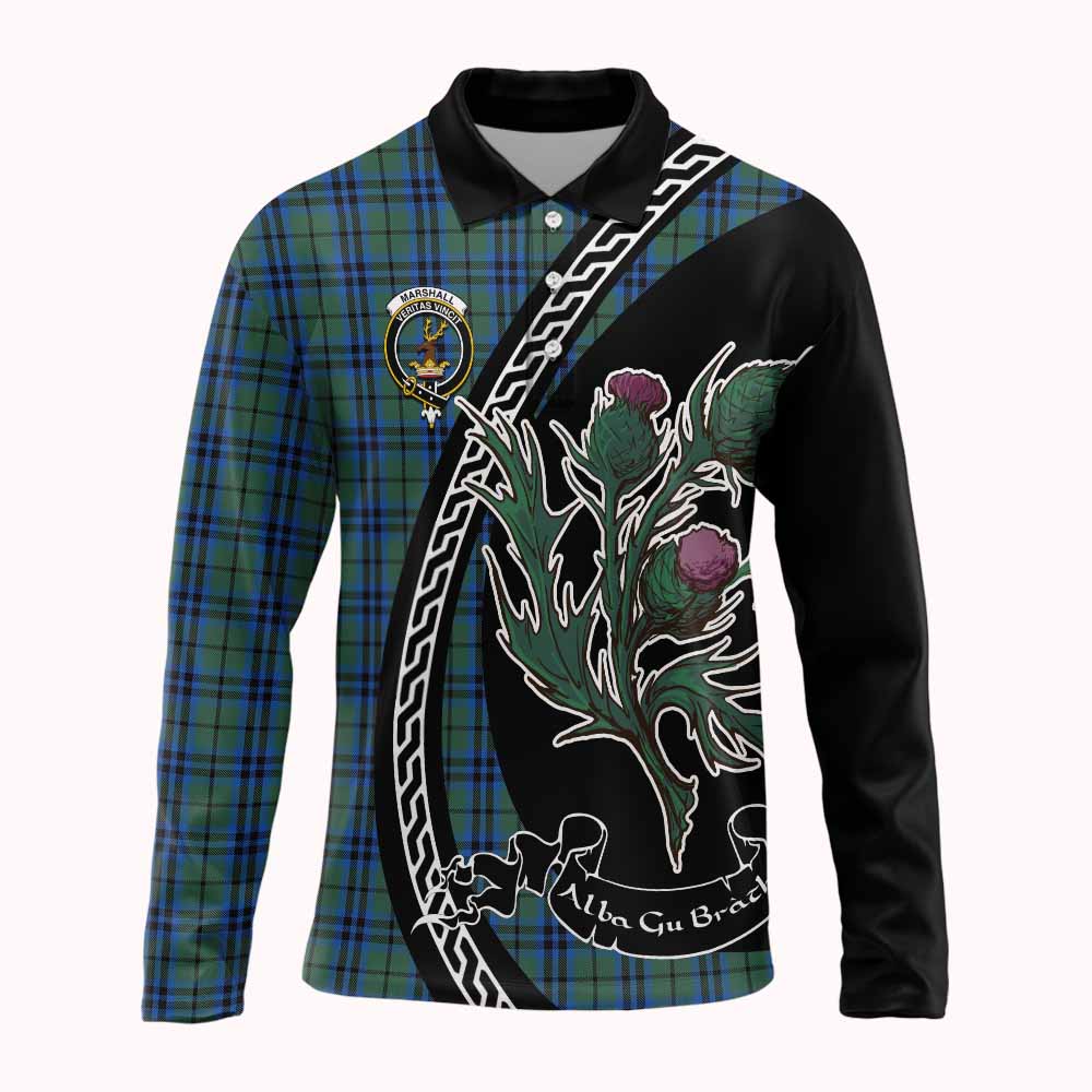 Marshall Family Crest Tartan Long Sleeve Polo Shirt Alba Thistle Inspired - Tartan Vibes Clothing