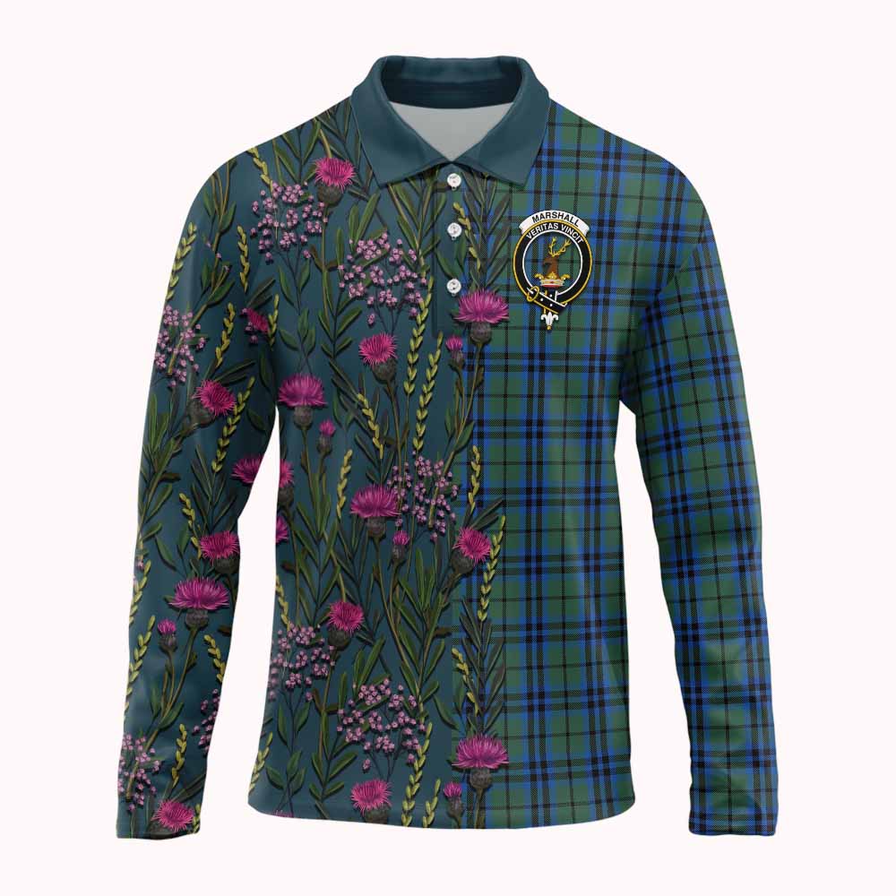 Marshall Family Crest Tartan Long Sleeve Polo Shirt Scottish Thistle Flower Pattern Half Style - Tartan Vibes Clothing