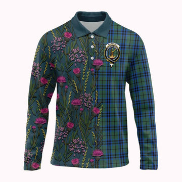 Marshall Family Crest Tartan Long Sleeve Polo Shirt Scottish Thistle Flower Pattern Half Style