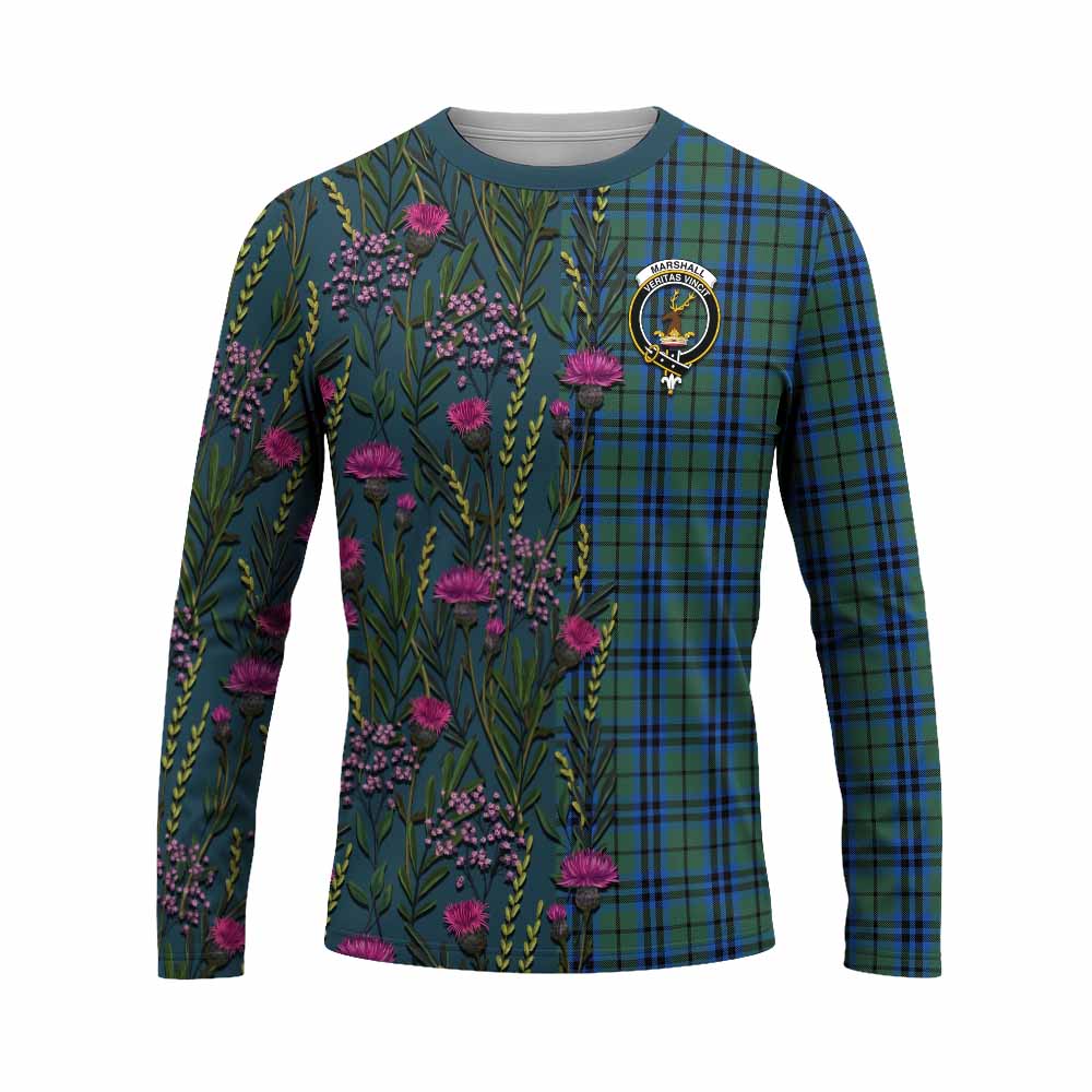 Marshall Family Crest Tartan Long Sleeve T-Shirt Scottish Thistle Flower Pattern Half Style - Tartan Vibes Clothing