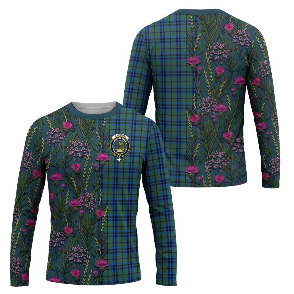 Marshall Family Crest Tartan Long Sleeve T-Shirt Scottish Thistle Flower Pattern Half Style - Tartan Vibes Clothing