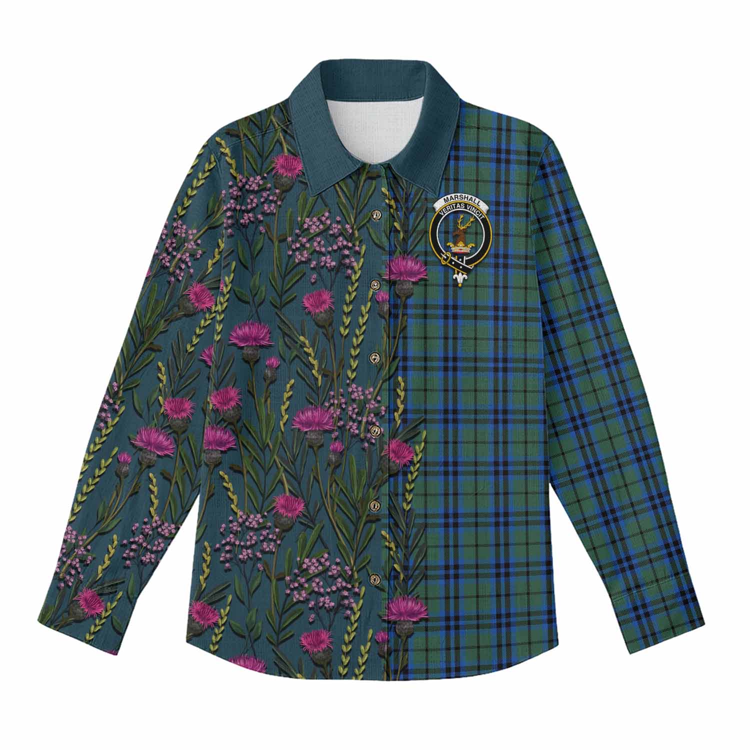 Marshall Family Crest Tartan Women Casual Shirt Scottish Thistle Flower Pattern Half Style - Tartan Vibes Clothing