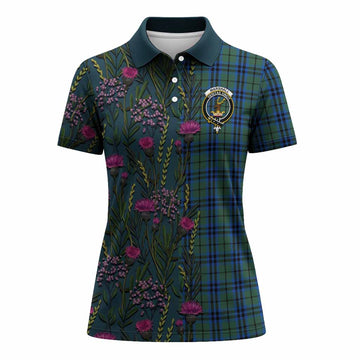 Marshall Family Crest Tartan Women Polo Shirt Scottish Thistle Flower Pattern Half Style