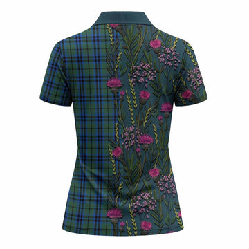 Marshall Family Crest Tartan Women Polo Shirt Scottish Thistle Flower Pattern Half Style