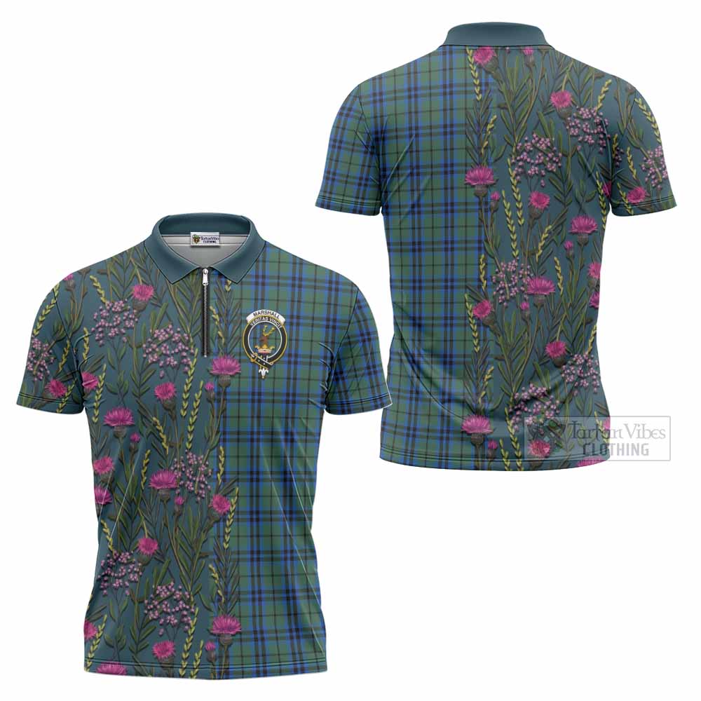 Marshall Family Crest Tartan Zipper Polo Shirt Scottish Thistle Flower Pattern Half Style - Tartan Vibes Clothing