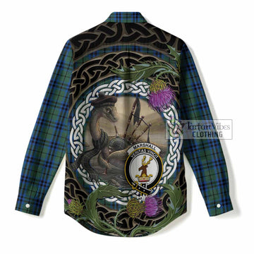 Marshall Tartan Crest Bagpipe Nessie Women Casual Shirt Scottish Loch Ness Monster Celtic Thistle