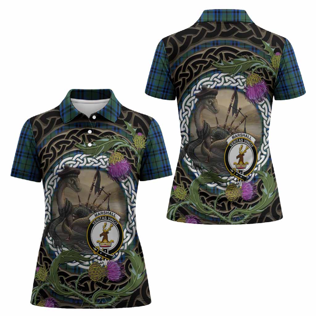 Marshall Tartan Crest Bagpipe Nessie Women Polo Shirt Scottish Loch Ness Monster Celtic Thistle