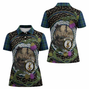 Marshall Tartan Crest Bagpipe Nessie Women Polo Shirt Scottish Loch Ness Monster Celtic Thistle