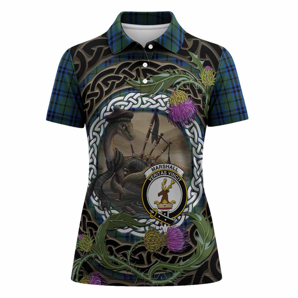 Marshall Tartan Crest Bagpipe Nessie Women Polo Shirt Scottish Loch Ness Monster Celtic Thistle