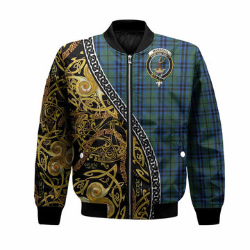 Marshall Tartan Crest Bomber Jacket Celtic Knot and Triple Trickle Spiral Symbols