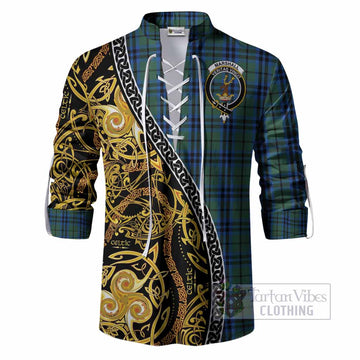 Marshall Tartan Crest Ghillie Shirt Celtic Knot and Triple Trickle Spiral Symbols