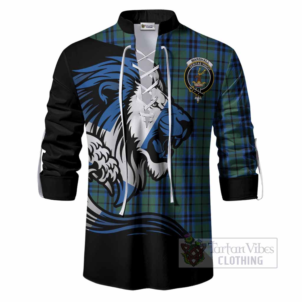 Marshall Tartan Crest Ghillie Shirt Scottish Golden Lions Wave Flow