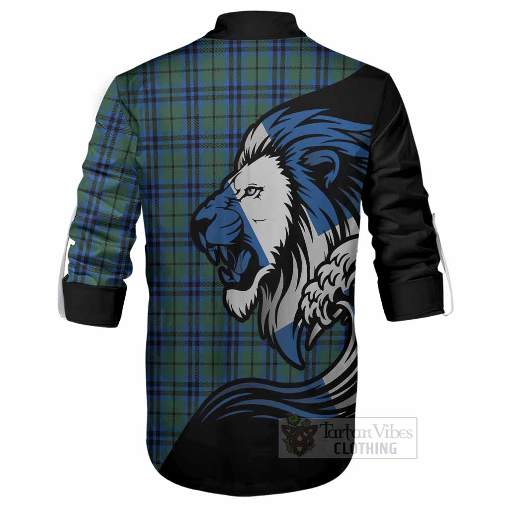 Marshall Tartan Crest Ghillie Shirt Scottish Golden Lions Wave Flow