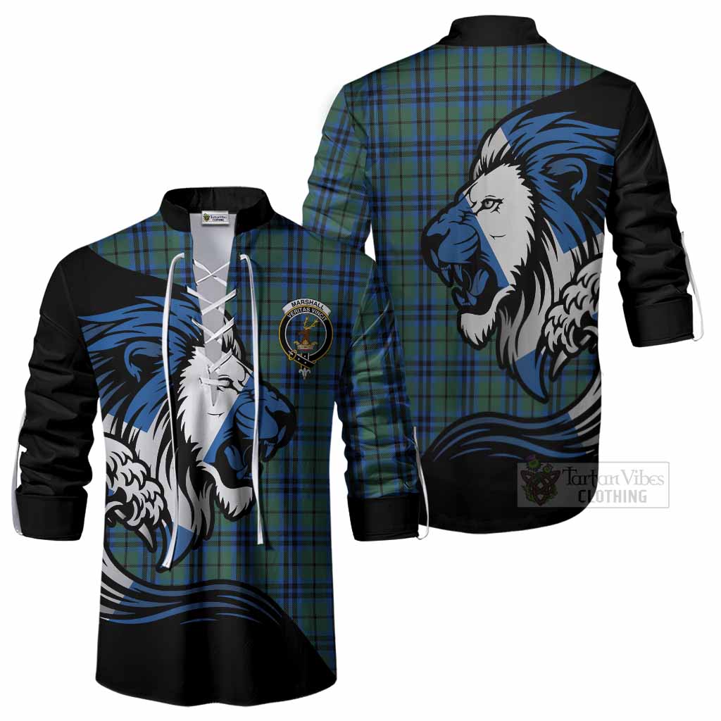 Marshall Tartan Crest Ghillie Shirt Scottish Golden Lions Wave Flow
