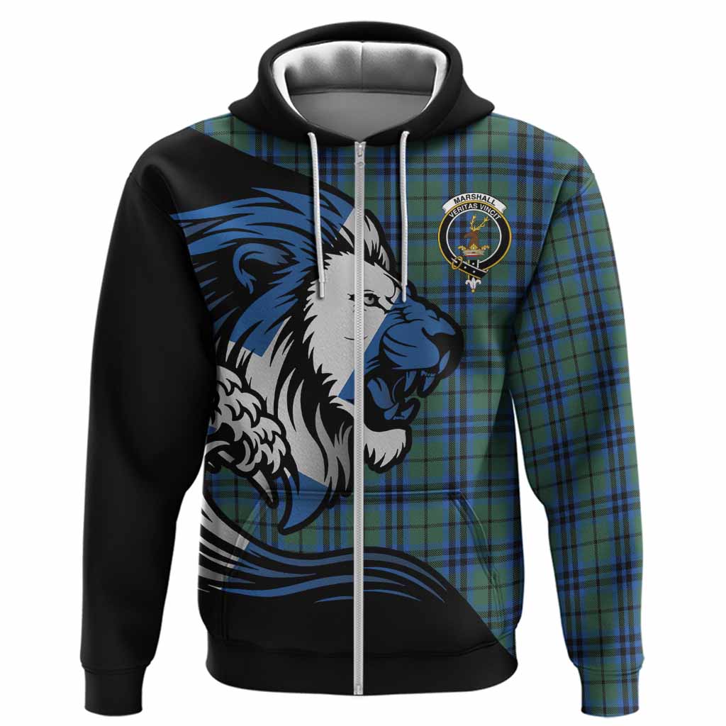 Marshall Tartan Crest Hoodie Scottish Golden Lions Wave Flow