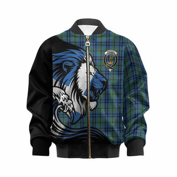 Marshall Tartan Crest Kid Bomber Jacket Scottish Golden Lions Wave Flow